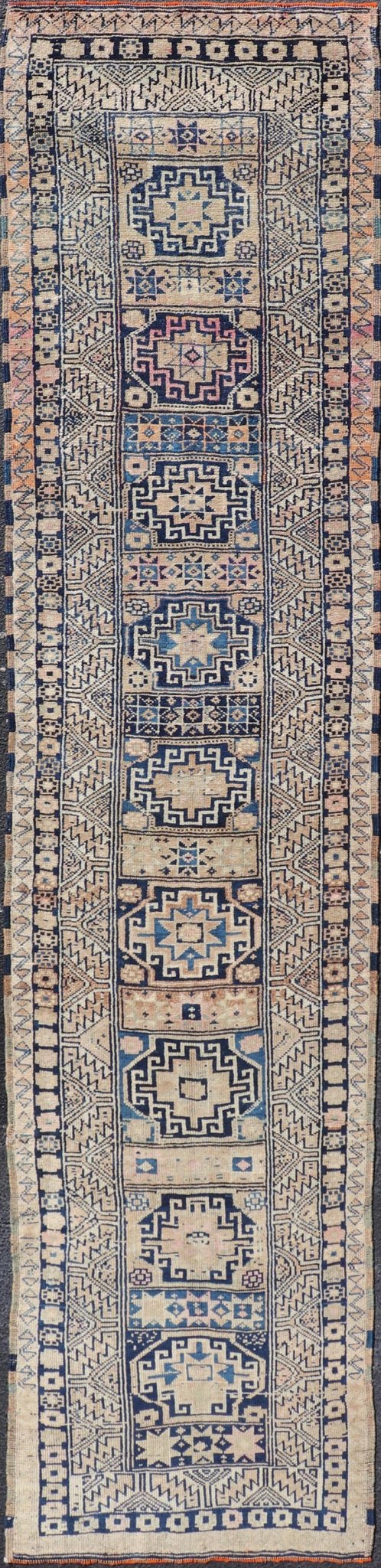 Vintage Oushak Turkish Runner with Geometric Design in Blues, Taupe, and Cream Vintage Oushak runner from Turkey with Medallion design in various blue, pink, and tan tones, Keivan Woven Arts / rug TU - MTU - 131, country of origin / type: Turkey / O... - Keivan Woven ArtsTU - MTU - 131 - 18746Rug
