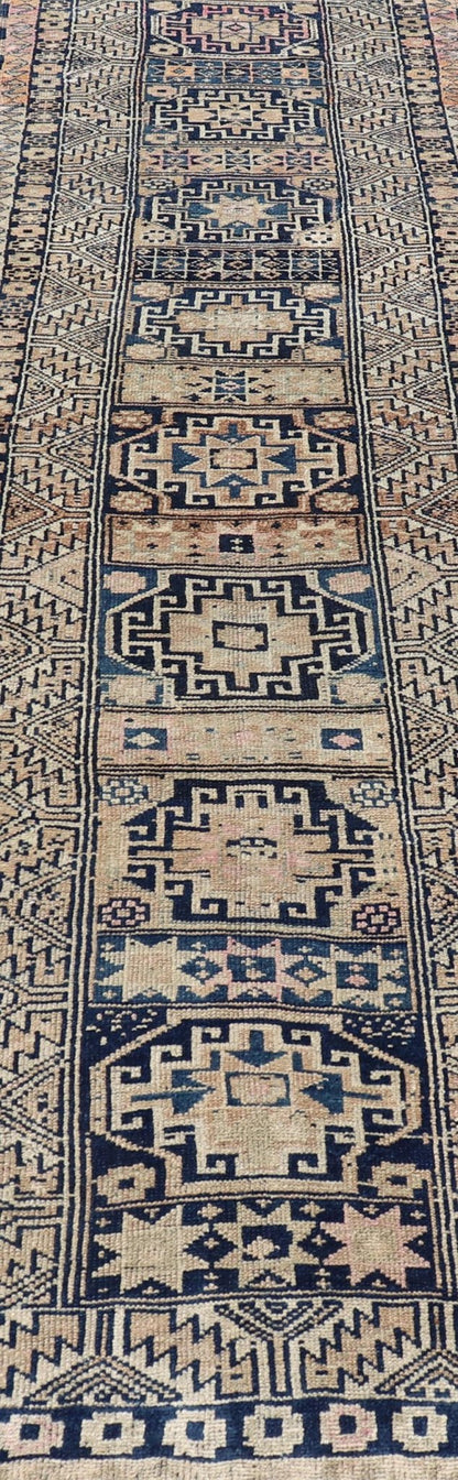 Vintage Oushak Turkish Runner with Geometric Design in Blues, Taupe, and Cream Vintage Oushak runner from Turkey with Medallion design in various blue, pink, and tan tones, Keivan Woven Arts / rug TU - MTU - 131, country of origin / type: Turkey / O... - Keivan Woven ArtsTU - MTU - 131 - 18746Rug
