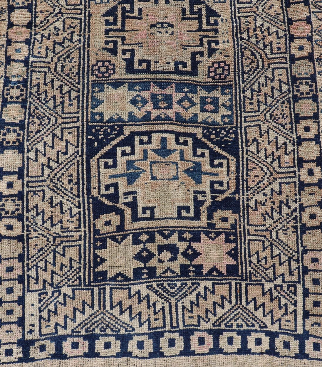 Vintage Oushak Turkish Runner with Geometric Design in Blues, Taupe, and Cream Vintage Oushak runner from Turkey with Medallion design in various blue, pink, and tan tones, Keivan Woven Arts / rug TU - MTU - 131, country of origin / type: Turkey / O... - Keivan Woven ArtsTU - MTU - 131 - 18746Rug