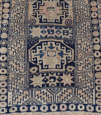 Vintage Oushak Turkish Runner with Geometric Design in Blues, Taupe, and Cream Vintage Oushak runner from Turkey with Medallion design in various blue, pink, and tan tones, Keivan Woven Arts / rug TU - MTU - 131, country of origin / type: Turkey / O... - Keivan Woven ArtsTU - MTU - 131 - 18746Rug