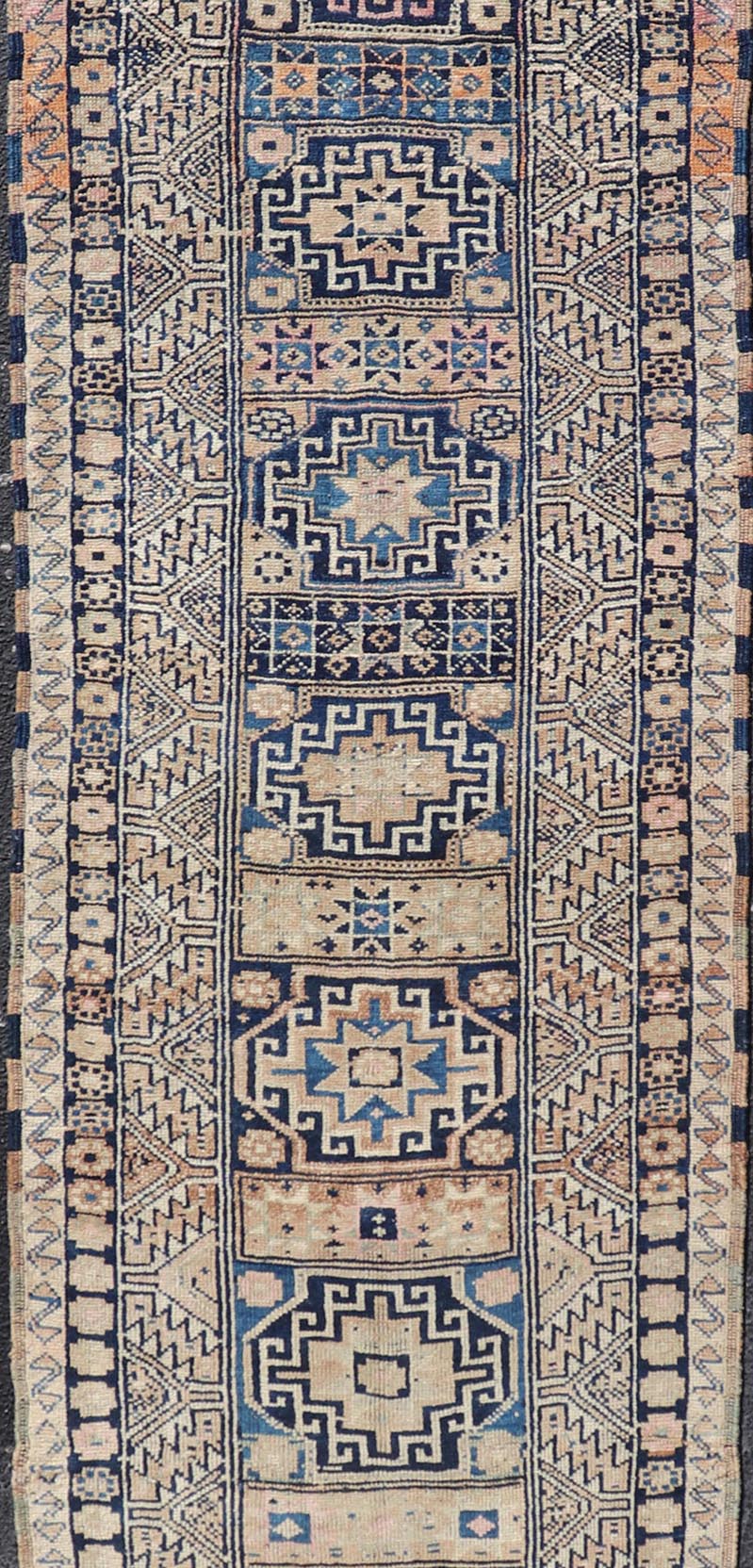 Vintage Oushak Turkish Runner with Geometric Design in Blues, Taupe, and Cream Vintage Oushak runner from Turkey with Medallion design in various blue, pink, and tan tones, Keivan Woven Arts / rug TU - MTU - 131, country of origin / type: Turkey / O... - Keivan Woven ArtsTU - MTU - 131 - 18746Rug