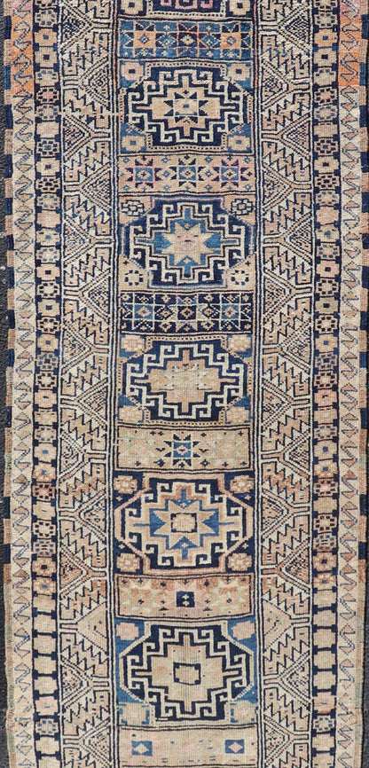 Vintage Oushak Turkish Runner with Geometric Design in Blues, Taupe, and Cream Vintage Oushak runner from Turkey with Medallion design in various blue, pink, and tan tones, Keivan Woven Arts / rug TU - MTU - 131, country of origin / type: Turkey / O... - Keivan Woven ArtsTU - MTU - 131 - 18746Rug