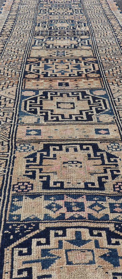 Vintage Oushak Turkish Runner with Geometric Design in Blues, Taupe, and Cream Vintage Oushak runner from Turkey with Medallion design in various blue, pink, and tan tones, Keivan Woven Arts / rug TU - MTU - 131, country of origin / type: Turkey / O... - Keivan Woven ArtsTU - MTU - 131 - 18746Rug
