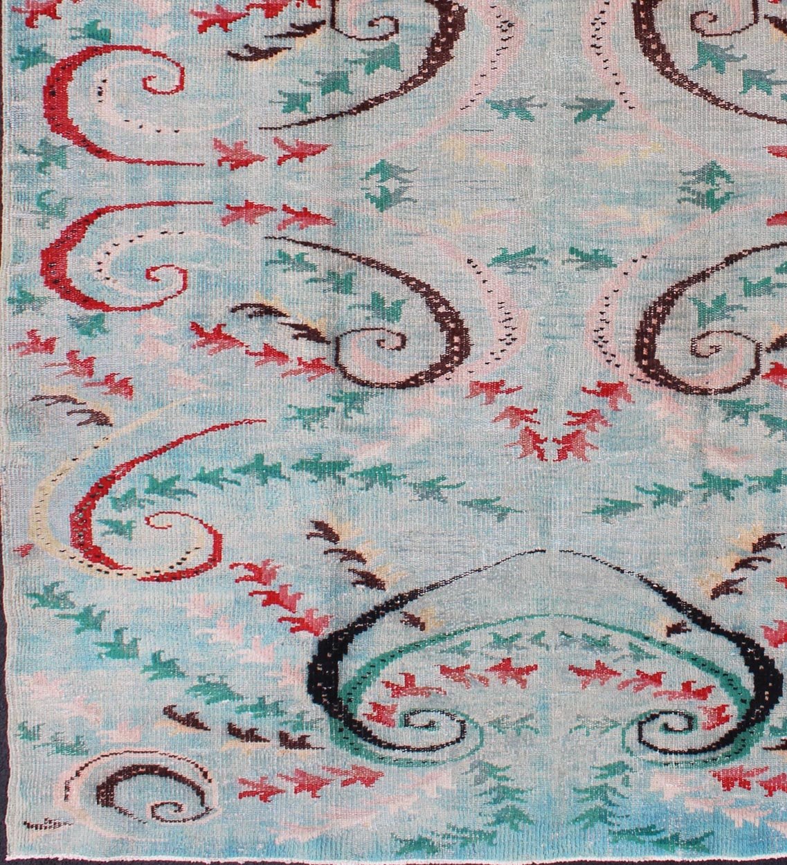 Mid - Century Modern Turkish Rug - This Mid - Century Modern rug is set on light blue background. The vine scroll motifs portray movement in this very unique rug. 6`3 x 9`1 - Keivan Woven ArtsTU - MTU - 136058 - 4706Rug