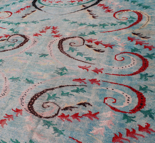 Mid - Century Modern Turkish Rug - This Mid - Century Modern rug is set on light blue background. The vine scroll motifs portray movement in this very unique rug. 6`3 x 9`1 - Keivan Woven ArtsTU - MTU - 136058 - 4706