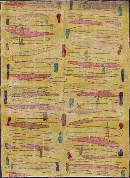 Vintage Turkish Mid - Century Modern Rug in Yellow Color and Modern Design. Vintage Turkish Mid - Century Modern with Yellow Background, rug TU - MTU - 136060, country of origin / type: Turkey / Mid - Century Modern, circa mid - 20th Century. This beau... - Keivan Woven ArtsTU - MTU - 136060 - 4576Rug