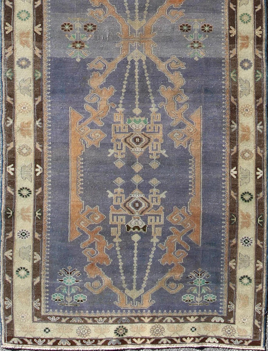 Long Vintage Sivas Runner Bold in design and delicate in colors, this very unique long Turkish Sivas runner rests on a light purple background with three medallions in the center. An ivory main border and two smaller brown guard borders beautifu... - Keivan Woven ArtsTU - MTU - 136064 - 4580Rug