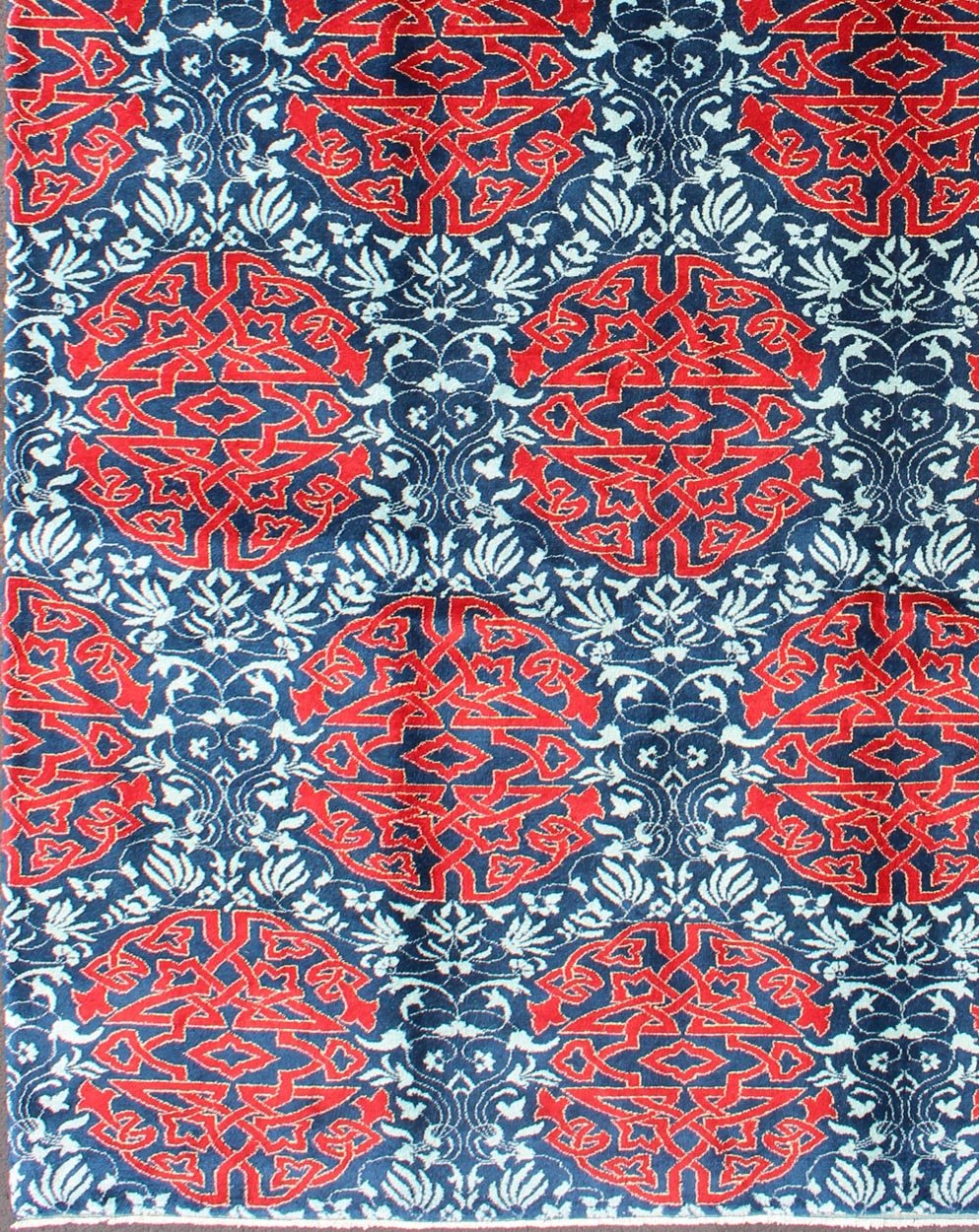 Red & Blue European Design Rug with Geometric Medallions and Vining Blossoms Keivan Woven Arts / Modern Rug with Geometric Medallions and Vining Blossoms, rug TU - MTU - 136065, country of origin / type: Turkey / Mid - Century Modern, circa Mid - 20th C... - Keivan Woven ArtsTU - MTU - 136065 - 4584Rug