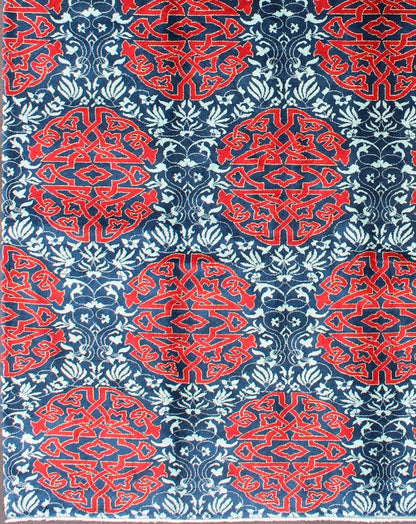Red & Blue European Design Rug with Geometric Medallions and Vining Blossoms Keivan Woven Arts / Modern Rug with Geometric Medallions and Vining Blossoms, rug TU - MTU - 136065, country of origin / type: Turkey / Mid - Century Modern, circa Mid - 20th C... - Keivan Woven ArtsTU - MTU - 136065 - 4584Rug
