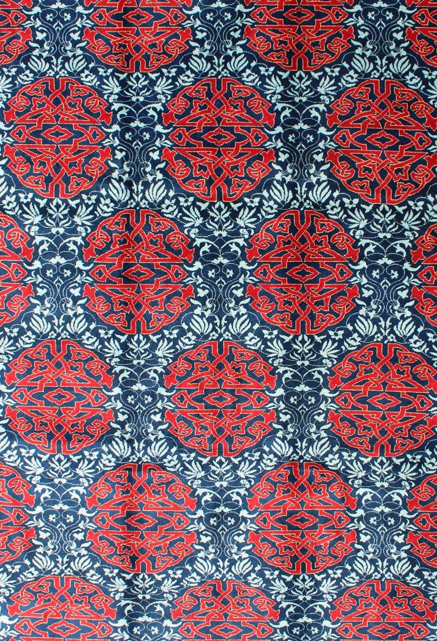 Red & Blue European Design Rug with Geometric Medallions and Vining Blossoms Keivan Woven Arts / Modern Rug with Geometric Medallions and Vining Blossoms, rug TU - MTU - 136065, country of origin / type: Turkey / Mid - Century Modern, circa Mid - 20th C... - Keivan Woven ArtsTU - MTU - 136065 - 4584Rug