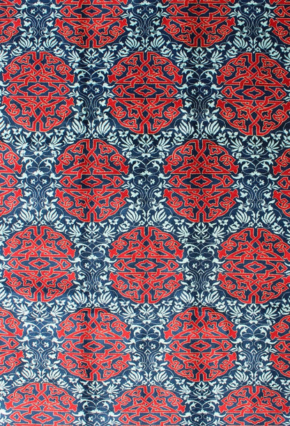 Red & Blue European Design Rug with Geometric Medallions and Vining Blossoms Keivan Woven Arts / Modern Rug with Geometric Medallions and Vining Blossoms, rug TU - MTU - 136065, country of origin / type: Turkey / Mid - Century Modern, circa Mid - 20th C... - Keivan Woven ArtsTU - MTU - 136065 - 4584Rug