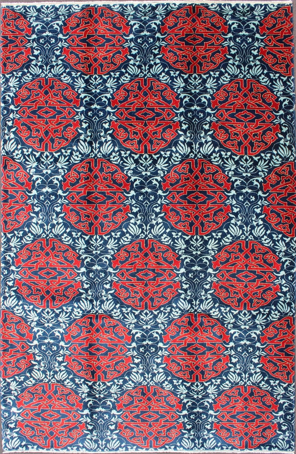Red & Blue European Design Rug with Geometric Medallions and Vining Blossoms Keivan Woven Arts / Modern Rug with Geometric Medallions and Vining Blossoms, rug TU - MTU - 136065, country of origin / type: Turkey / Mid - Century Modern, circa Mid - 20th C... - Keivan Woven ArtsTU - MTU - 136065 - 4584Rug