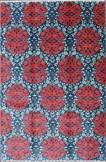 Red & Blue European Design Rug with Geometric Medallions and Vining Blossoms Keivan Woven Arts / Modern Rug with Geometric Medallions and Vining Blossoms, rug TU - MTU - 136065, country of origin / type: Turkey / Mid - Century Modern, circa Mid - 20th C... - Keivan Woven ArtsTU - MTU - 136065 - 4584Rug
