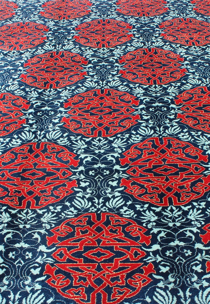 Red & Blue European Design Rug with Geometric Medallions and Vining Blossoms Keivan Woven Arts / Modern Rug with Geometric Medallions and Vining Blossoms, rug TU - MTU - 136065, country of origin / type: Turkey / Mid - Century Modern, circa Mid - 20th C... - Keivan Woven ArtsTU - MTU - 136065 - 4584Rug