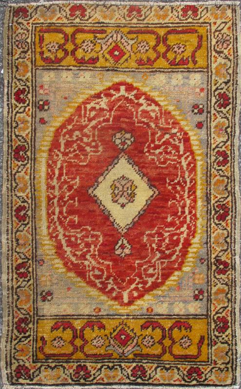 Antique Turkish Ottoman Rug with Medallion and Flowers in Yellow, Red, Gray kwarugs Small antique Turkish Oushak rug with Medallion andflowers in yellow, red, gray, rug mtu - 136068, country of origin / type: Turkey / Oushak, Early 20th century ... - Keivan Woven ArtsTU - MTU - 136068 - 4590