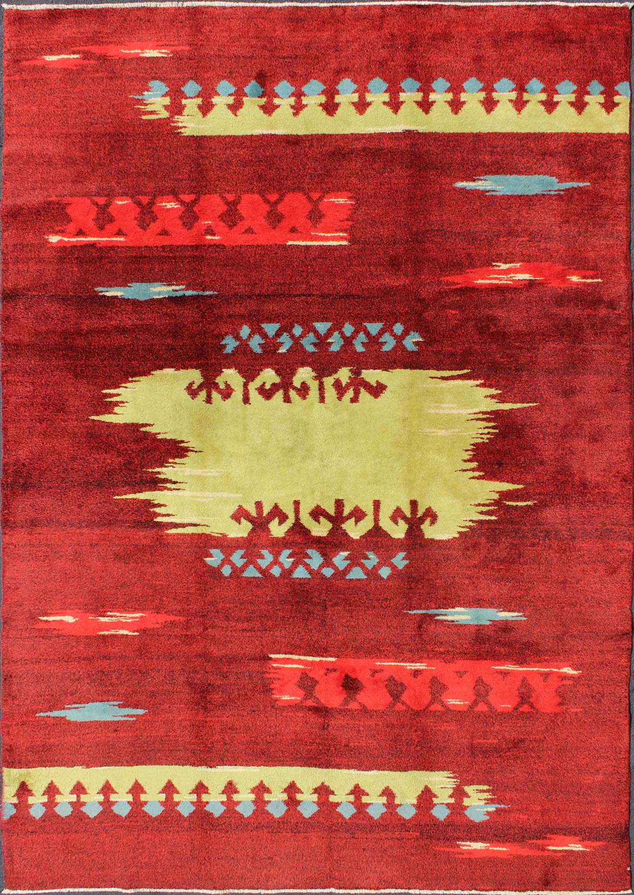 Modern Abstract Rug in Maroon, Barn Red, Carmine, Crimson and Lime Green Modern, Abstract Turkish Carpet - Rendered in a red background with an assortment of yellow - green, blue and ivory colors, this unique Turkish rug displays an abstract design. ... - Keivan Woven ArtsTU - MTU - 136551 - 4994Rug