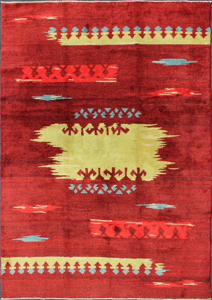 Modern Abstract Rug in Maroon, Barn Red, Carmine, Crimson and Lime Green Modern, Abstract Turkish Carpet - Rendered in a red background with an assortment of yellow - green, blue and ivory colors, this unique Turkish rug displays an abstract design. ... - Keivan Woven ArtsTU - MTU - 136551 - 4994Rug