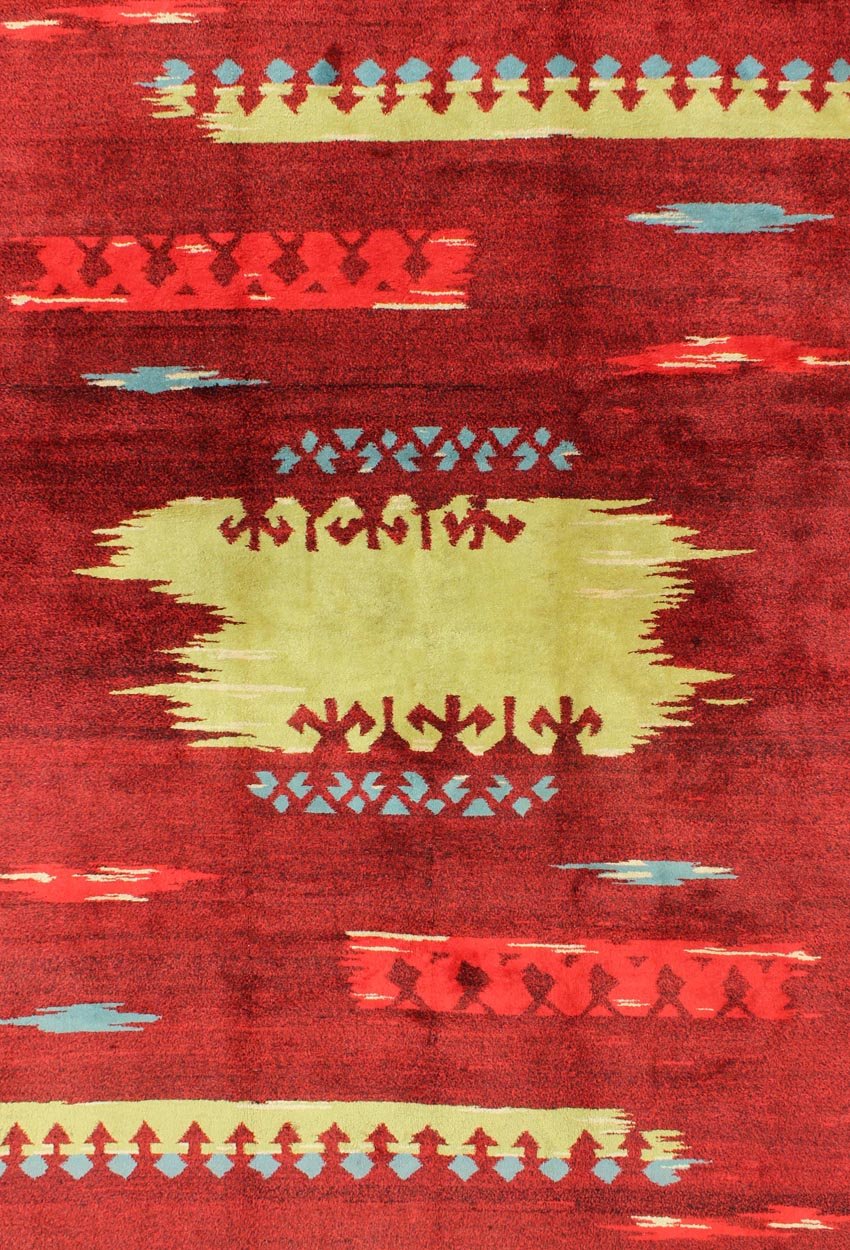 Modern Abstract Rug in Maroon, Barn Red, Carmine, Crimson and Lime Green Modern, Abstract Turkish Carpet - Rendered in a red background with an assortment of yellow - green, blue and ivory colors, this unique Turkish rug displays an abstract design. ... - Keivan Woven ArtsTU - MTU - 136551 - 4994Rug