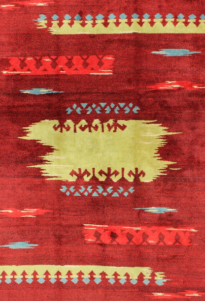 Modern Abstract Rug in Maroon, Barn Red, Carmine, Crimson and Lime Green Modern, Abstract Turkish Carpet - Rendered in a red background with an assortment of yellow - green, blue and ivory colors, this unique Turkish rug displays an abstract design. ... - Keivan Woven ArtsTU - MTU - 136551 - 4994Rug