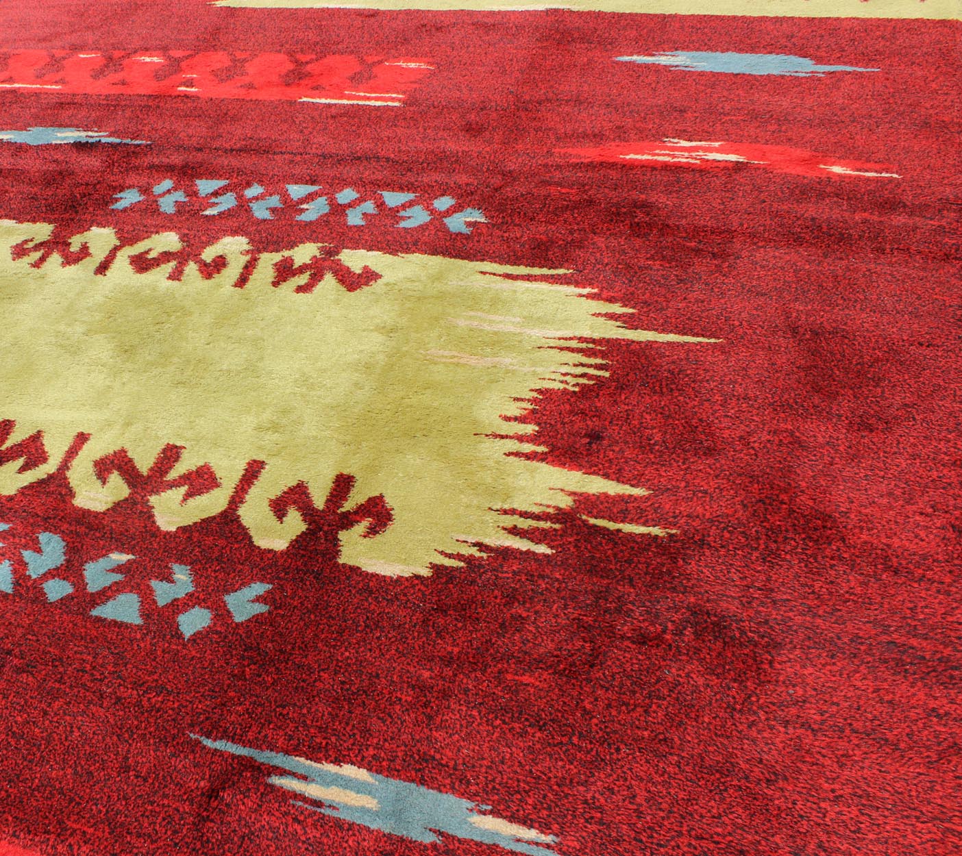 Modern Abstract Rug in Maroon, Barn Red, Carmine, Crimson and Lime Green Modern, Abstract Turkish Carpet - Rendered in a red background with an assortment of yellow - green, blue and ivory colors, this unique Turkish rug displays an abstract design. ... - Keivan Woven ArtsTU - MTU - 136551 - 4994Rug