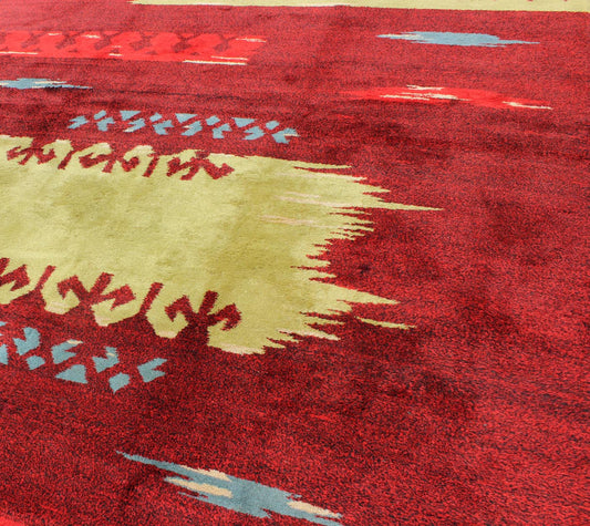 Modern Abstract Rug in Maroon, Barn Red, Carmine, Crimson and Lime Green Modern, Abstract Turkish Carpet - Rendered in a red background with an assortment of yellow - green, blue and ivory colors, this unique Turkish rug displays an abstract design. ... - Keivan Woven ArtsTU - MTU - 136551 - 4994Rug