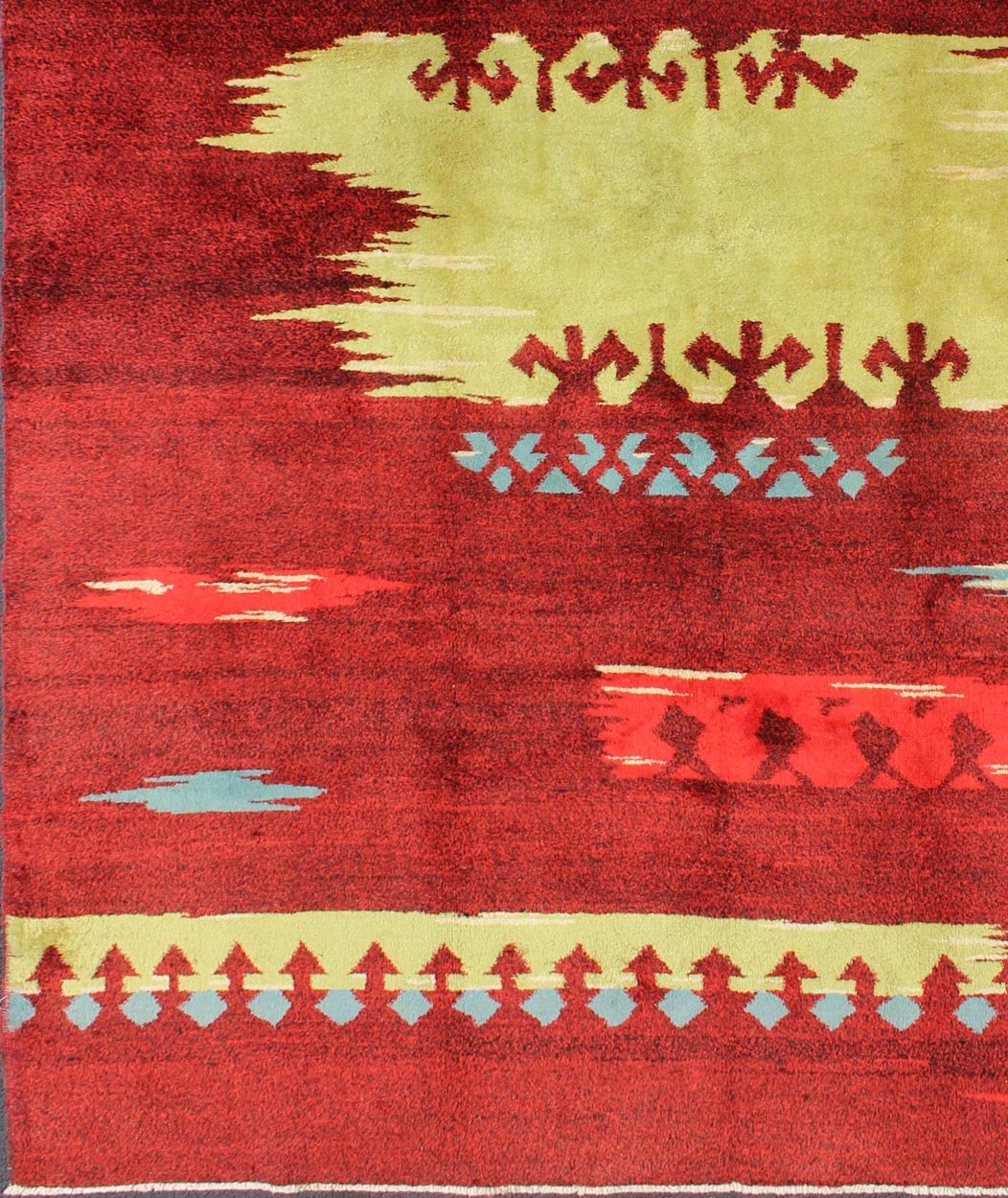 Modern Abstract Rug in Maroon, Barn Red, Carmine, Crimson and Lime Green Modern, Abstract Turkish Carpet - Rendered in a red background with an assortment of yellow - green, blue and ivory colors, this unique Turkish rug displays an abstract design. ... - Keivan Woven ArtsTU - MTU - 136551 - 4994Rug