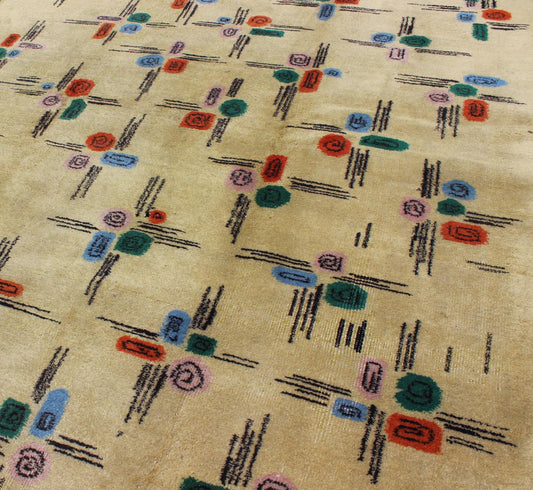 Mid - Century Modern Rug with All - Over Blossom Pattern on Pale Yellow & Cream. Mid - Century Modern Oushak Rug, rug TU - MTU - 136554, country of origin / type: Turkey / Mid - Century Modern, circa mid - 20th century. This vintage Mid - Century Modern carp... - Keivan Woven ArtsTU - MTU - 136554 - 4998Rug