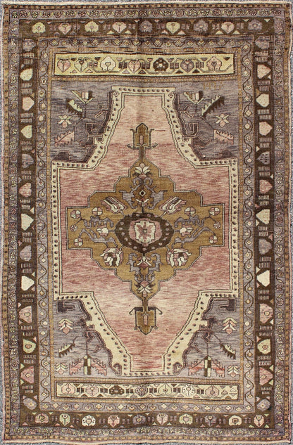 Turkish Vintage Oushak Rug With Medallion in Gray, Pink and Purple. Turkish Vintage Oushak Rug With Medallion in Gray, Pink and Purple. Keivan Woven Arts / rug TU - MTU - 136562, country of origin / type: Turkey / Oushak, circa mid - 20th century. ... - Keivan Woven ArtsTU - MTU - 136562 - 5002Rug