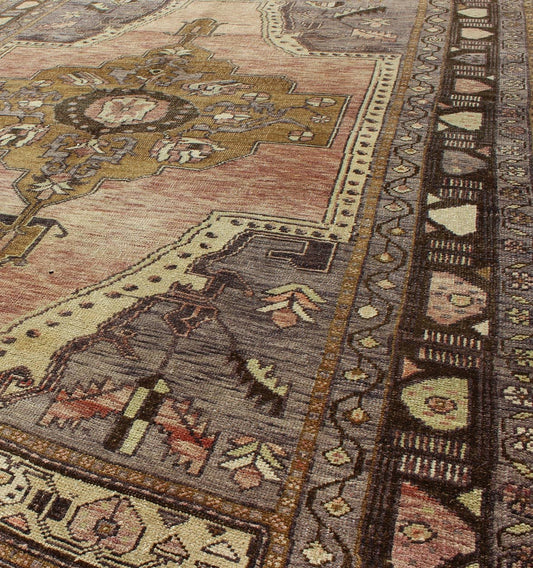 Turkish Vintage Oushak Rug With Medallion in Gray, Pink and Purple. Turkish Vintage Oushak Rug With Medallion in Gray, Pink and Purple. Keivan Woven Arts / rug TU - MTU - 136562, country of origin / type: Turkey / Oushak, circa mid - 20th century. ... - Keivan Woven ArtsTU - MTU - 136562 - 5002Rug