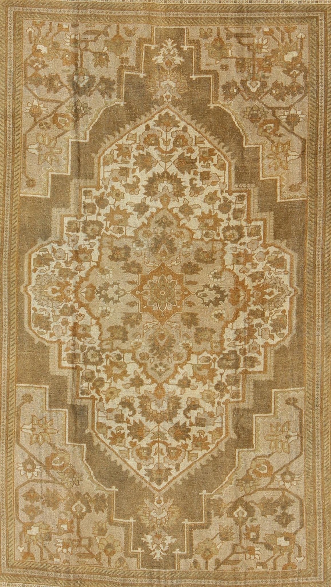 Vintage Turkish Oushak Rug with Ivory, Tan, Light Brown Floral Medallion Design Measures 6'5 x 9'7 This vintage Turkish Oushak carpet, (circa mid - 20th century) features a floral central medallion design, as well as patterns of smaller t... - Keivan Woven ArtsTU - MTU - 136564 - 5008Rug