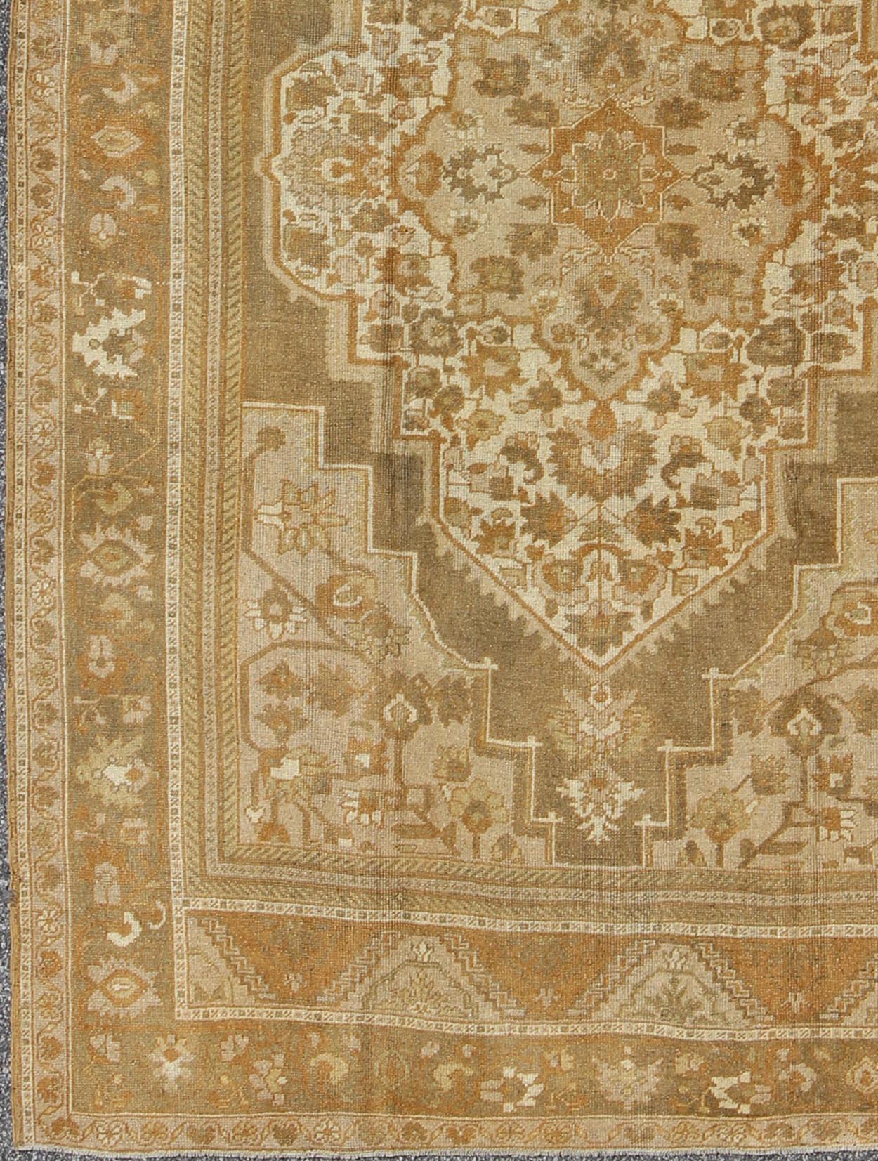 Vintage Turkish Oushak Rug with Ivory, Tan, Light Brown Floral Medallion Design Measures 6'5 x 9'7 This vintage Turkish Oushak carpet, (circa mid - 20th century) features a floral central medallion design, as well as patterns of smaller t... - Keivan Woven ArtsTU - MTU - 136564 - 5008Rug