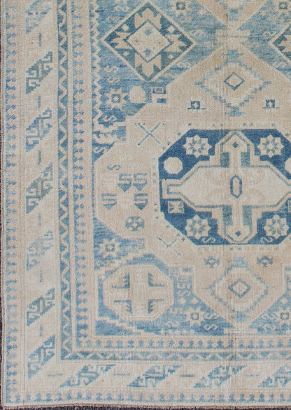 Blue and Tan Vintage Turkish Oushak Rug with Geometric Dual Medallions kwarugs Blue and tan vintage Turkish Oushak rug with geometric dual medallions, rug tu - mtu - 136618, country of origin / type: Turkey / Oushak, circa 1940 This vintage T... - Keivan Woven ArtsTU - MTU - 136618 - 9178Rug