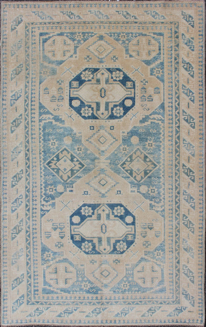 Blue and Tan Vintage Turkish Oushak Rug with Geometric Dual Medallions kwarugs Blue and tan vintage Turkish Oushak rug with geometric dual medallions, rug tu - mtu - 136618, country of origin / type: Turkey / Oushak, circa 1940 This vintage T... - Keivan Woven ArtsTU - MTU - 136618 - 9178Rug