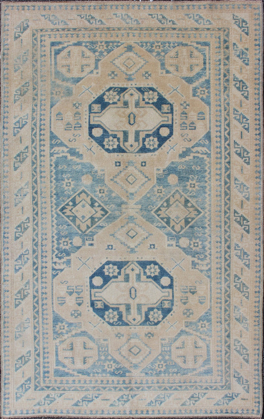Blue and Tan Vintage Turkish Oushak Rug with Geometric Dual Medallions kwarugs Blue and tan vintage Turkish Oushak rug with geometric dual medallions, rug tu - mtu - 136618, country of origin / type: Turkey / Oushak, circa 1940 This vintage T... - Keivan Woven ArtsTU - MTU - 136618 - 9178