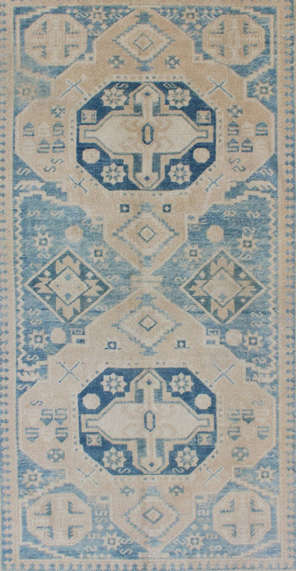 Blue and Tan Vintage Turkish Oushak Rug with Geometric Dual Medallions kwarugs Blue and tan vintage Turkish Oushak rug with geometric dual medallions, rug tu - mtu - 136618, country of origin / type: Turkey / Oushak, circa 1940 This vintage T... - Keivan Woven ArtsTU - MTU - 136618 - 9178Rug