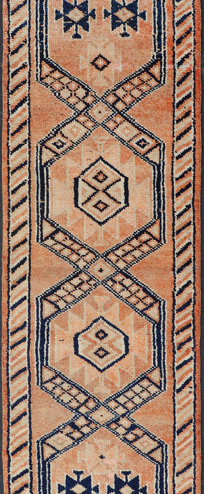 Tribal Medallion Design Vintage Turkish Runner in Orange and Navy Blue Oushak runner with tribal motifs in blue and orange, Keivan Woven Arts / rug TU - MTU - 141, country of origin / type: Turkey / Oushak, circa 1960 Measures: 2'11 x 12 - Keivan Woven ArtsTU - MTU - 141 - 19142Rug