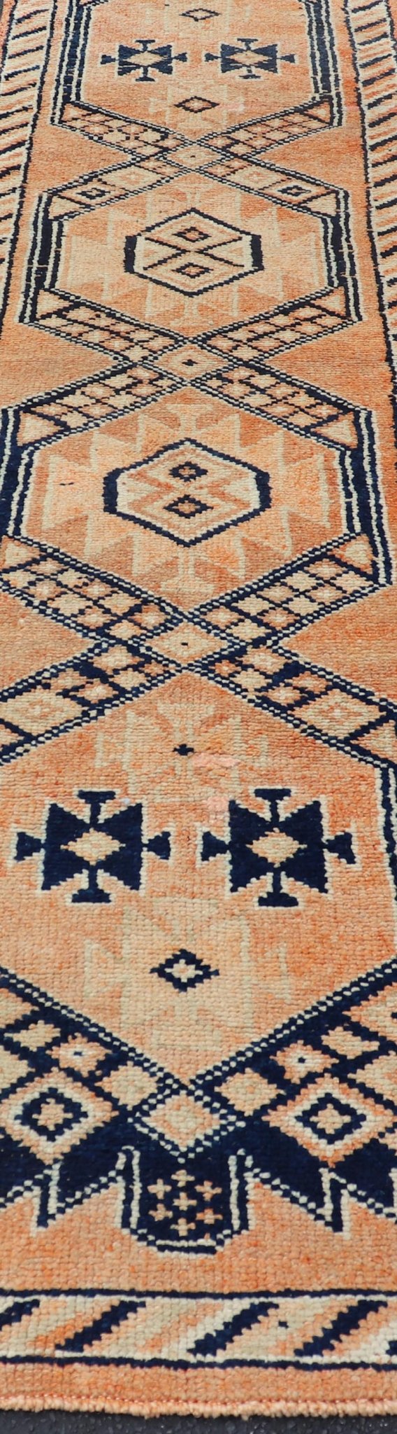 Tribal Medallion Design Vintage Turkish Runner in Orange and Navy Blue Oushak runner with tribal motifs in blue and orange, Keivan Woven Arts / rug TU - MTU - 141, country of origin / type: Turkey / Oushak, circa 1960 Measures: 2'11 x 12 - Keivan Woven ArtsTU - MTU - 141 - 19142Rug