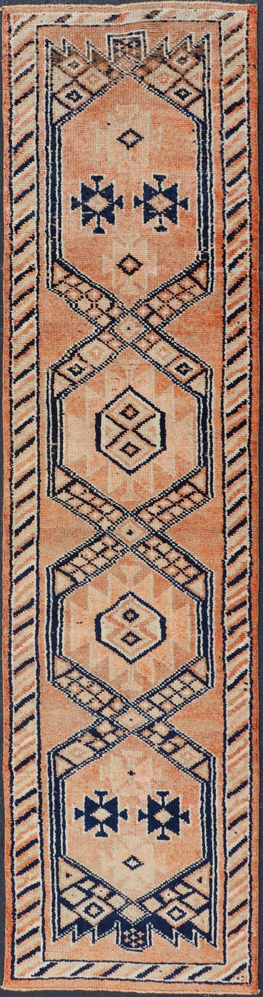 Tribal Medallion Design Vintage Turkish Runner in Orange and Navy Blue Oushak runner with tribal motifs in blue and orange, Keivan Woven Arts / rug TU - MTU - 141, country of origin / type: Turkey / Oushak, circa 1960 Measures: 2'11 x 12 - Keivan Woven ArtsTU - MTU - 141 - 19142Rug