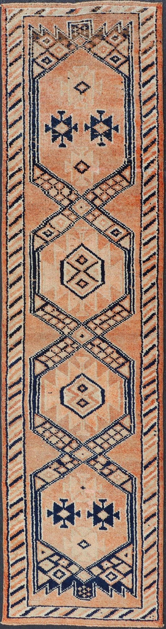 Tribal Medallion Design Vintage Turkish Runner in Orange and Navy Blue Oushak runner with tribal motifs in blue and orange, Keivan Woven Arts / rug TU - MTU - 141, country of origin / type: Turkey / Oushak, circa 1960 Measures: 2'11 x 12 - Keivan Woven ArtsTU - MTU - 141 - 19142Rug