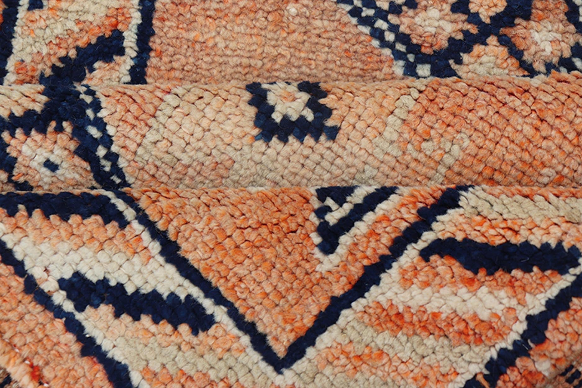 Tribal Medallion Design Vintage Turkish Runner in Orange and Navy Blue Oushak runner with tribal motifs in blue and orange, Keivan Woven Arts / rug TU - MTU - 141, country of origin / type: Turkey / Oushak, circa 1960 Measures: 2'11 x 12 - Keivan Woven ArtsTU - MTU - 141 - 19142Rug