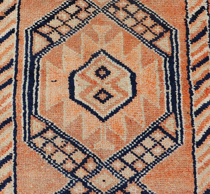 Tribal Medallion Design Vintage Turkish Runner in Orange and Navy Blue Oushak runner with tribal motifs in blue and orange, Keivan Woven Arts / rug TU - MTU - 141, country of origin / type: Turkey / Oushak, circa 1960 Measures: 2'11 x 12 - Keivan Woven ArtsTU - MTU - 141 - 19142Rug