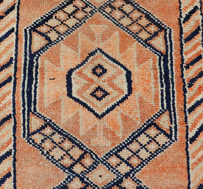 Tribal Medallion Design Vintage Turkish Runner in Orange and Navy Blue Oushak runner with tribal motifs in blue and orange, Keivan Woven Arts / rug TU - MTU - 141, country of origin / type: Turkey / Oushak, circa 1960 Measures: 2'11 x 12 - Keivan Woven ArtsTU - MTU - 141 - 19142Rug