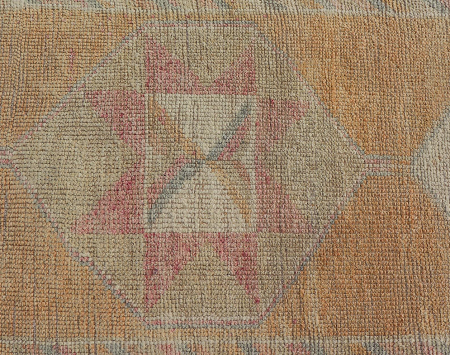 Tribal Medallion Vintage Turkish Oushak Runner in Orange, Blue and Cream Measures: 2'9 x 12'0 This very unique Oushak is uncommon in its design, from the bright and creamy orange background to the angular and sharp medallions center... - Keivan Woven ArtsTU - MTU - 15 - 18728