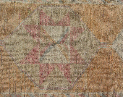 Tribal Medallion Vintage Turkish Oushak Runner in Orange, Blue and Cream Measures: 2'9 x 12'0 This very unique Oushak is uncommon in its design, from the bright and creamy orange background to the angular and sharp medallions center... - Keivan Woven ArtsTU - MTU - 15 - 18728