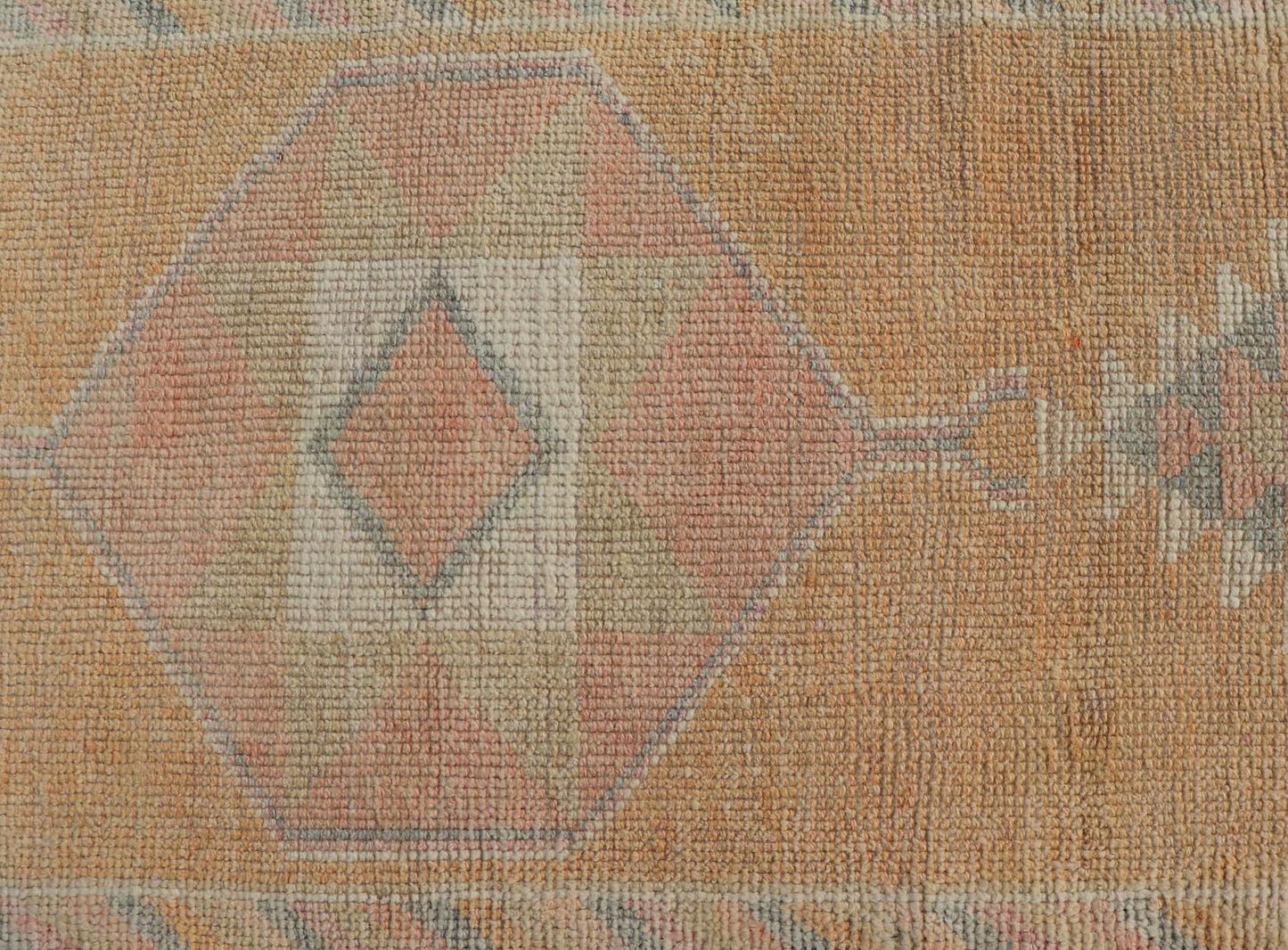 Tribal Medallion Vintage Turkish Oushak Runner in Orange, Blue and Cream Measures: 2'9 x 12'0 This very unique Oushak is uncommon in its design, from the bright and creamy orange background to the angular and sharp medallions center... - Keivan Woven ArtsTU - MTU - 15 - 18728