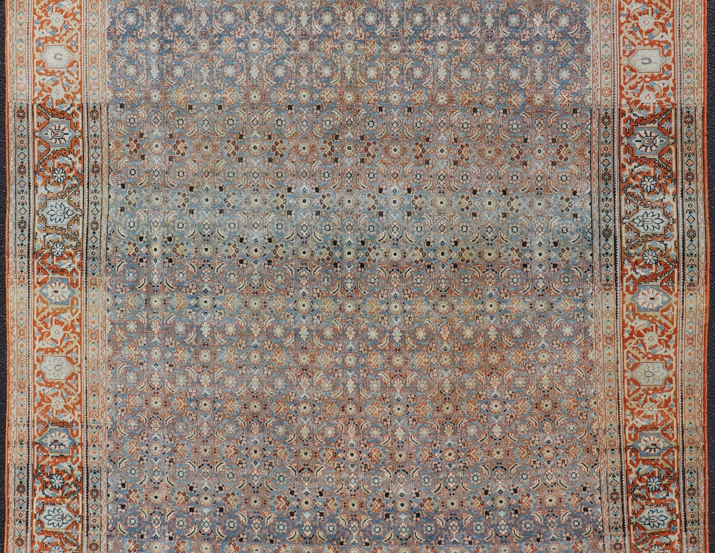 Measures: 7'5 x 11'1 Antique Persian Tabriz with Sub - Geometric Herati Design in Orange and Blue. Keivan Woven Arts/rug TU - MTU - 15161, country of origin / type: Persian / Tabriz, circa 1910s. This antique Persian Tabriz rug features an all - over, s... - Keivan Woven ArtsTU - MTU - 15161 - 22075Rug