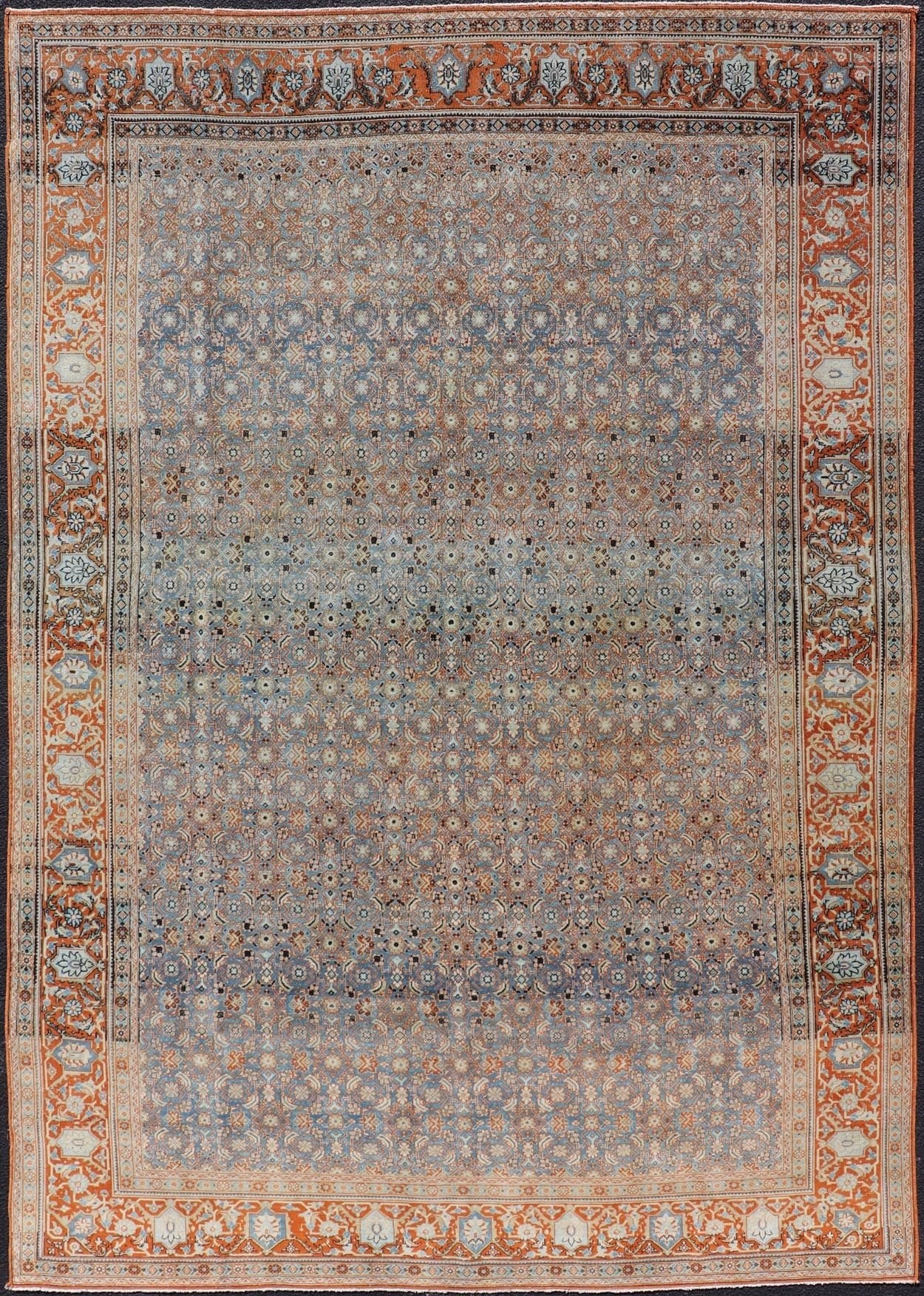 Measures: 7'5 x 11'1 Antique Persian Tabriz with Sub - Geometric Herati Design in Orange and Blue. Keivan Woven Arts/rug TU - MTU - 15161, country of origin / type: Persian / Tabriz, circa 1910s. This antique Persian Tabriz rug features an all - over, s... - Keivan Woven ArtsTU - MTU - 15161 - 22075