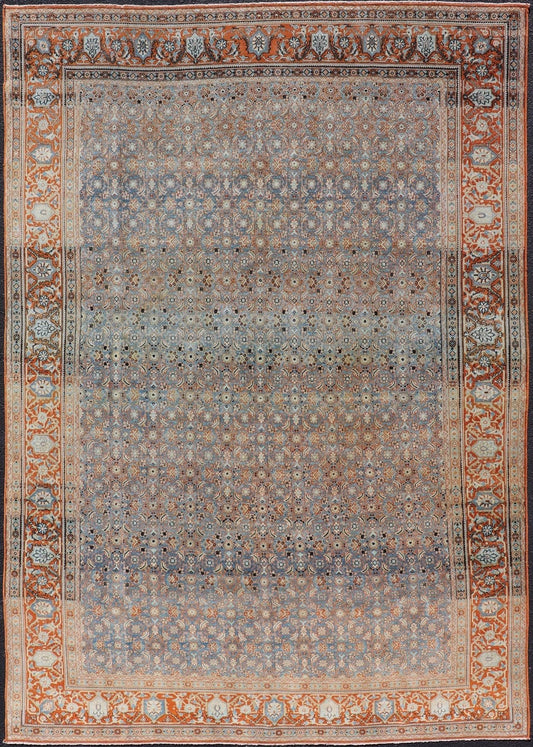 Measures: 7'5 x 11'1 Antique Persian Tabriz with Sub - Geometric Herati Design in Orange and Blue. Keivan Woven Arts/rug TU - MTU - 15161, country of origin / type: Persian / Tabriz, circa 1910s. This antique Persian Tabriz rug features an all - over, s... - Keivan Woven ArtsTU - MTU - 15161 - 22075