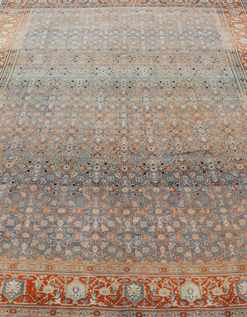 Measures: 7'5 x 11'1 Antique Persian Tabriz with Sub - Geometric Herati Design in Orange and Blue. Keivan Woven Arts/rug TU - MTU - 15161, country of origin / type: Persian / Tabriz, circa 1910s. This antique Persian Tabriz rug features an all - over, s... - Keivan Woven ArtsTU - MTU - 15161 - 22075