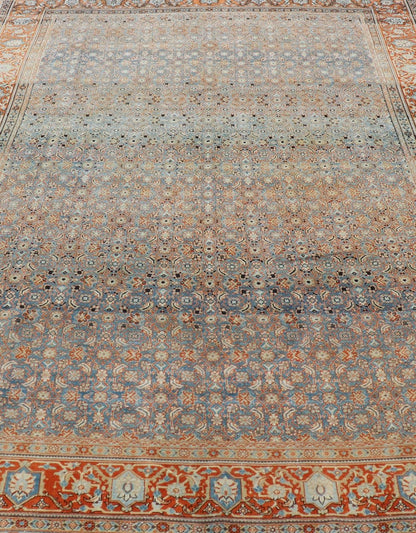 Measures: 7'5 x 11'1 Antique Persian Tabriz with Sub - Geometric Herati Design in Orange and Blue. Keivan Woven Arts/rug TU - MTU - 15161, country of origin / type: Persian / Tabriz, circa 1910s. This antique Persian Tabriz rug features an all - over, s... - Keivan Woven ArtsTU - MTU - 15161 - 22075
